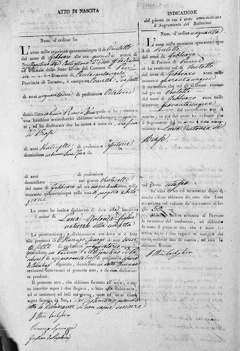 Atto di Nascita di Lucia Antonia de Caesaris